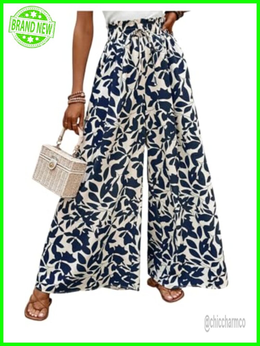 Women's Floral Boho Wide Leg Pants High Waist Drawstring Loose Fit Beach Casual